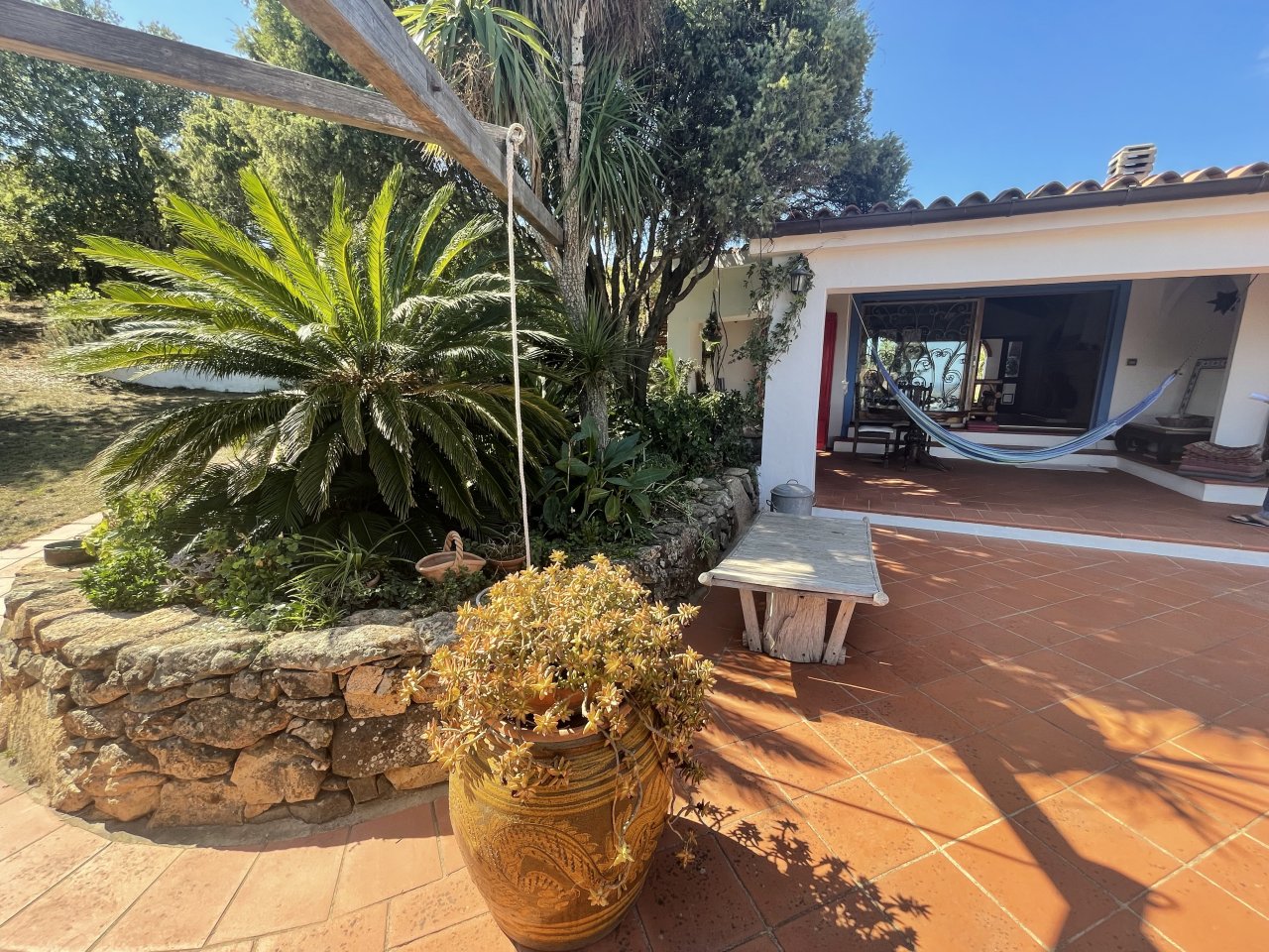 Oasi di benessere mediterranea: terrazza soleggiata con accenti in pietra naturale e piantagioni esotiche Oasi di benessere mediterranea: terrazza soleggiata con accenti in pietra naturale e piantagioni esotiche
